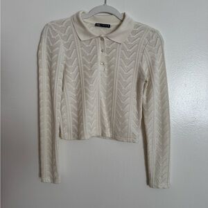 Zara Cream Pointelle Polo Long Sleeve Top M